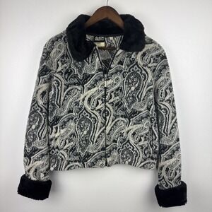 Vintage Duffel Outdoor Jacket Womens Small Black White Paisley Faux Fur Fleece‎